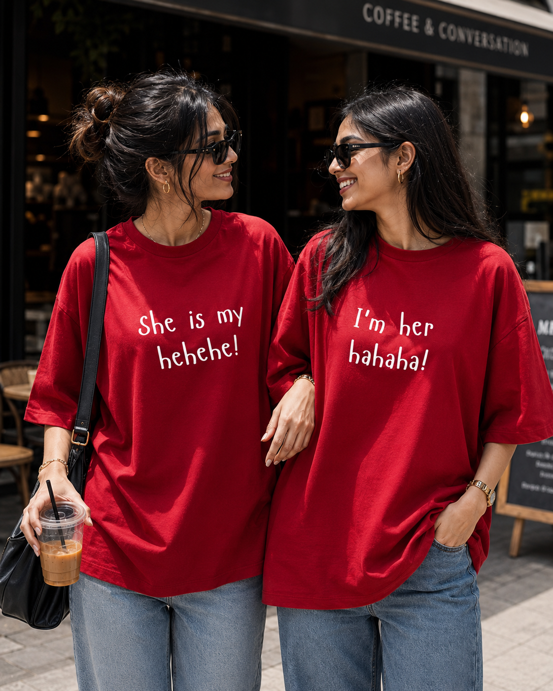 She Is My Hehehe / I'm Her Hahaha Unisex Matching T-Shirts – Oversized, Red, product view