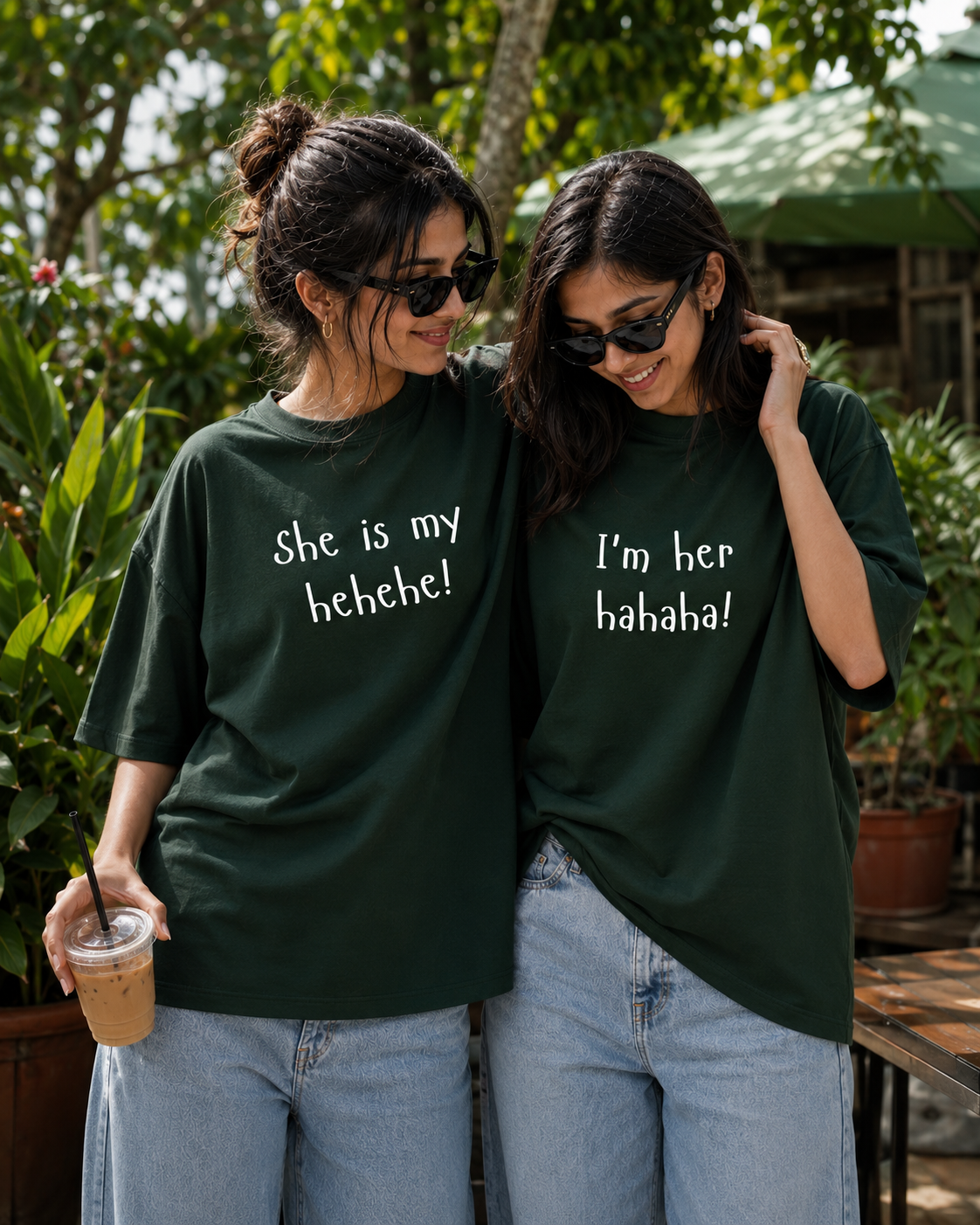 She Is My Hehehe / I'm Her Hahaha Unisex Matching T-Shirts – Oversized, Bottle Green, product view