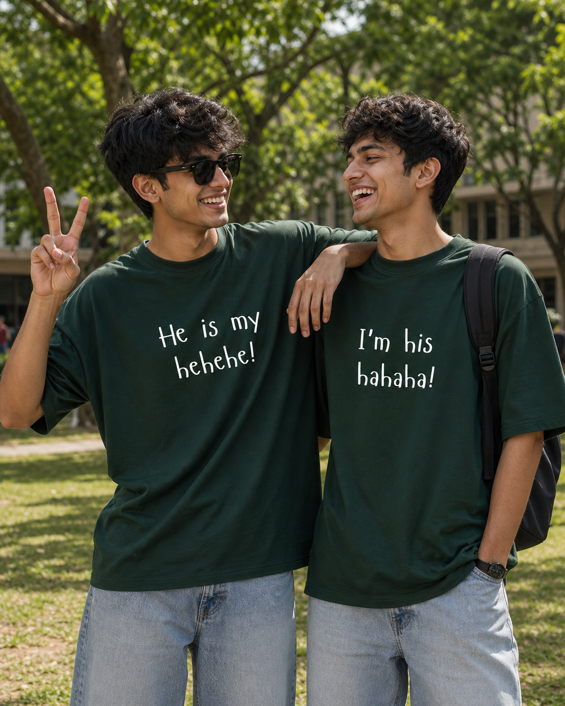 She Is My Hehehe / I'm Her Hahaha Unisex Matching T-Shirts – Oversized, Bottle Green, men's model view