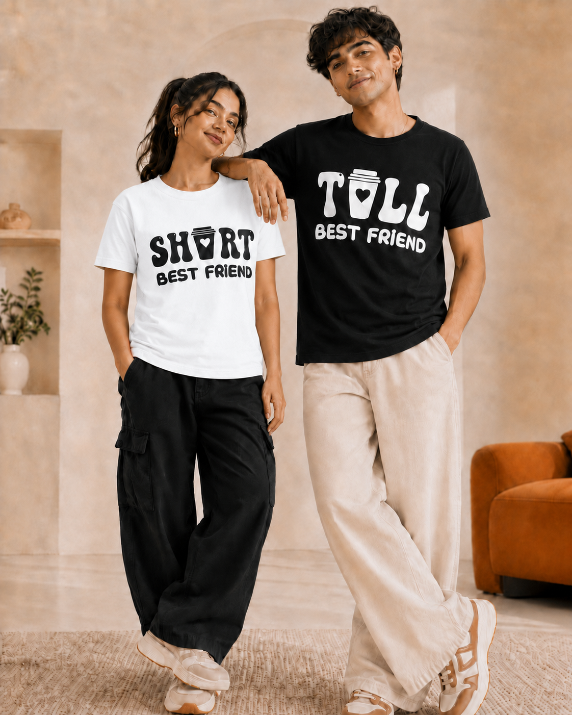 Short Best Friend / Tall Best Friend Unisex Matching T-Shirts – Regular Fit, Black & White, mixed-model view