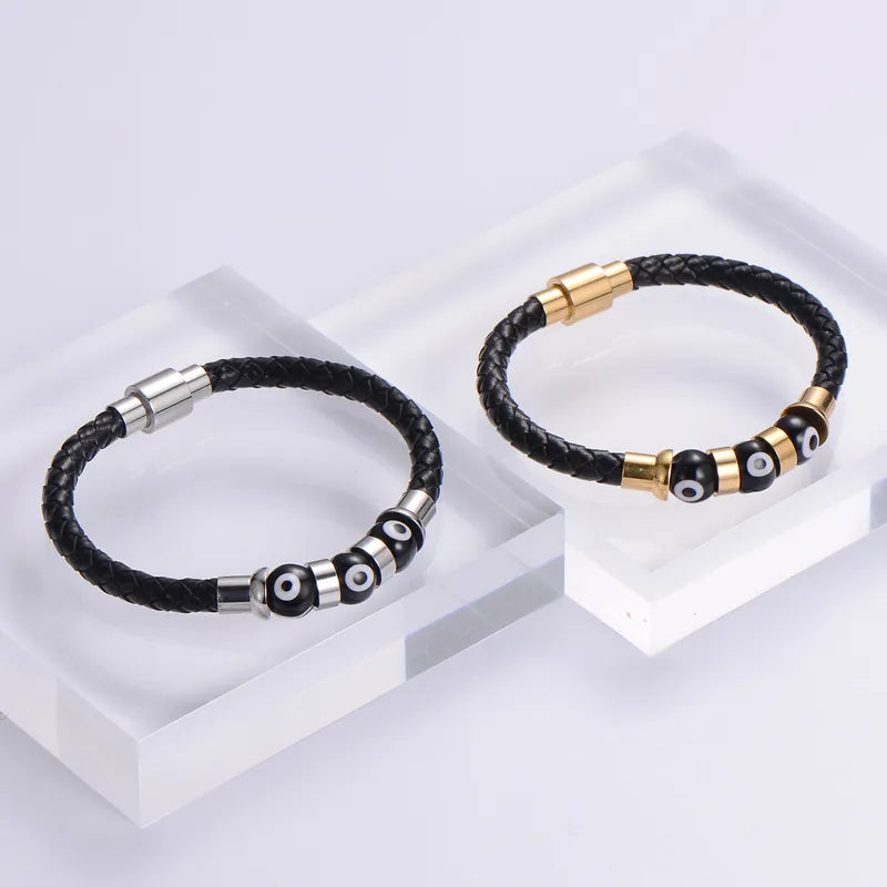Silver Evil Eye Leather Bracelet for Men