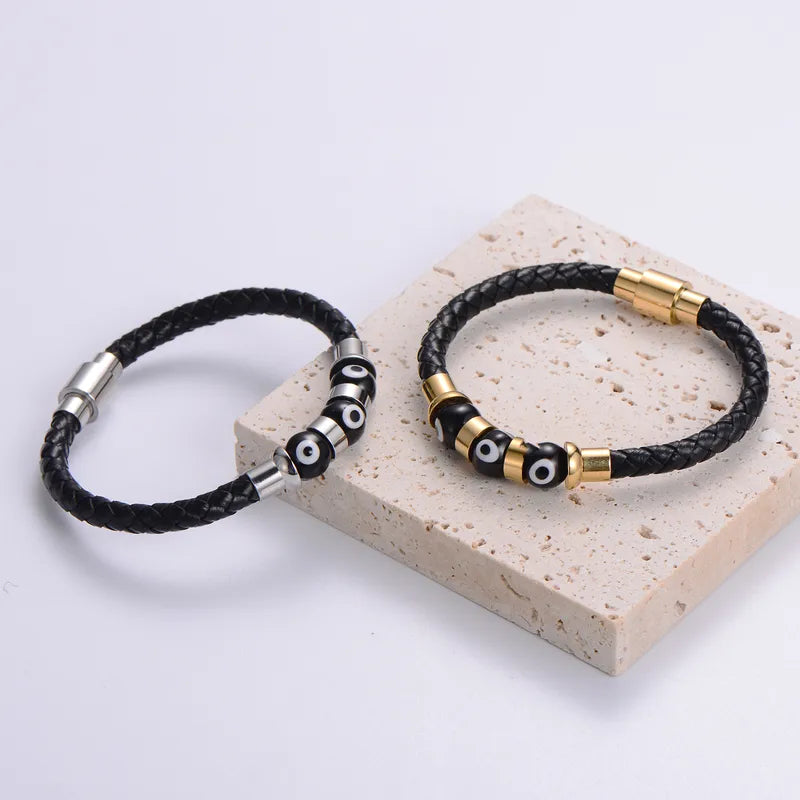 Silver Evil Eye Leather Bracelet for Men