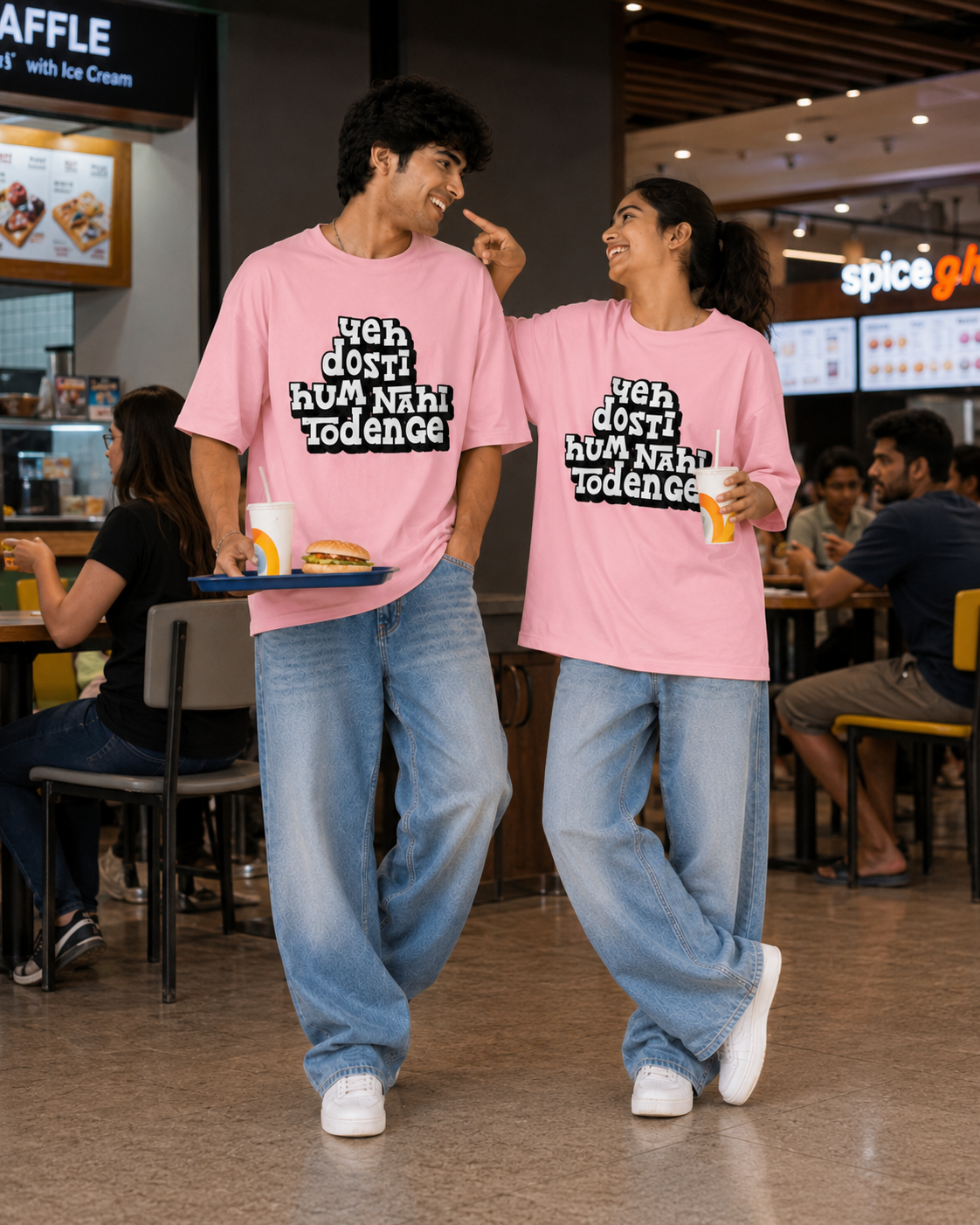 Yeh Dosti Hum Nahi Todenge Unisex Matching T-Shirts – Oversized, Baby Pink, mixed-model view