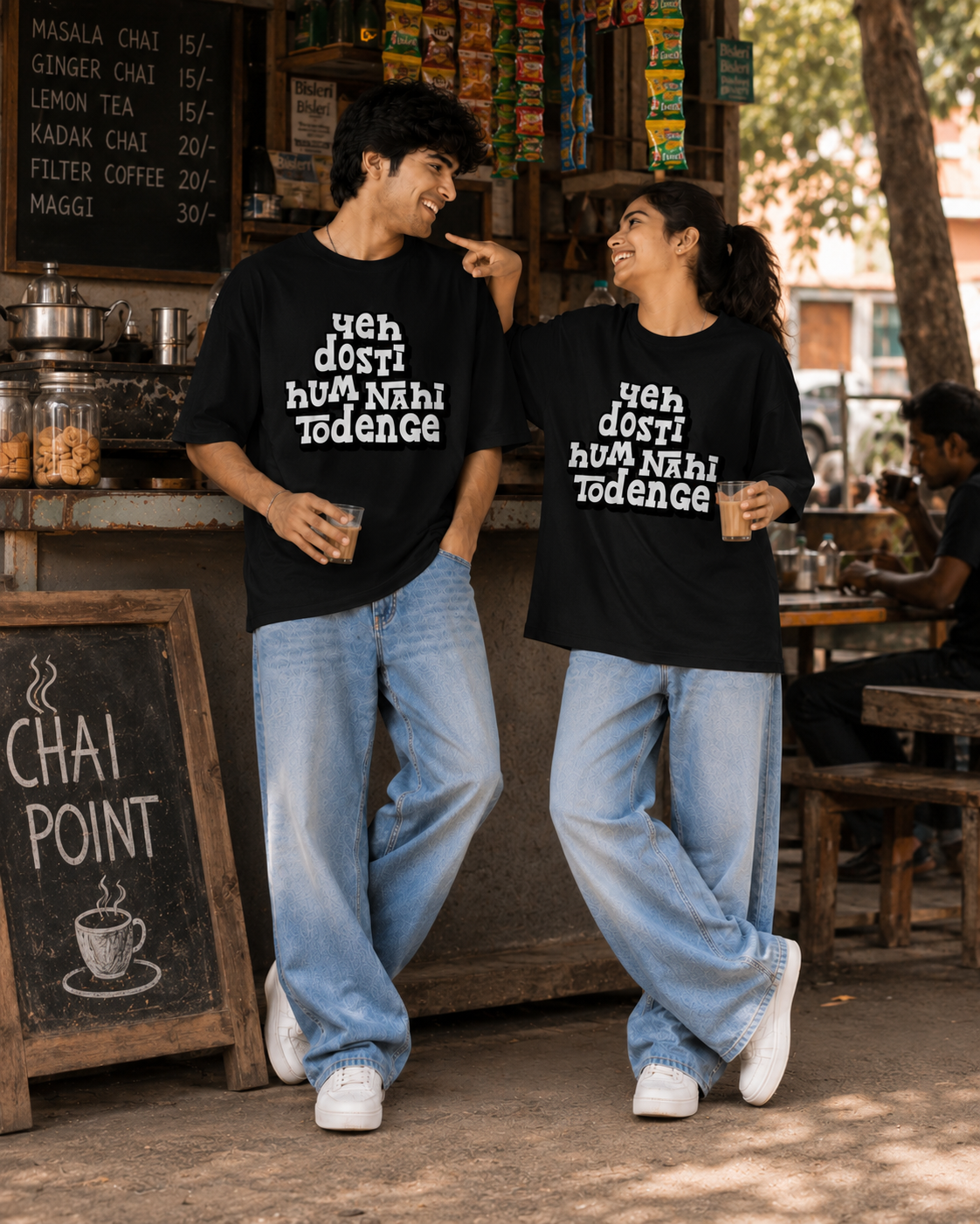 Yeh Dosti Hum Nahi Todenge Unisex Matching T-Shirts – Oversized, Black, mixed-model view