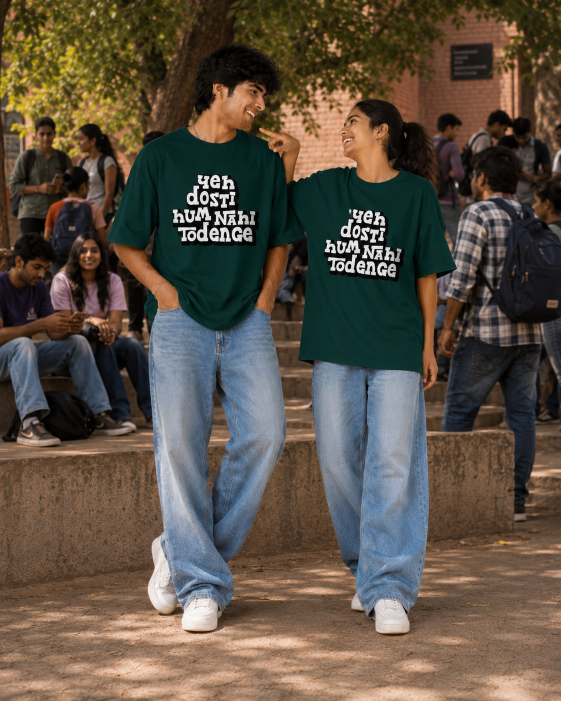 Yeh Dosti Hum Nahi Todenge Unisex Matching T-Shirts – Oversized, Bottle Green, mixed-model view