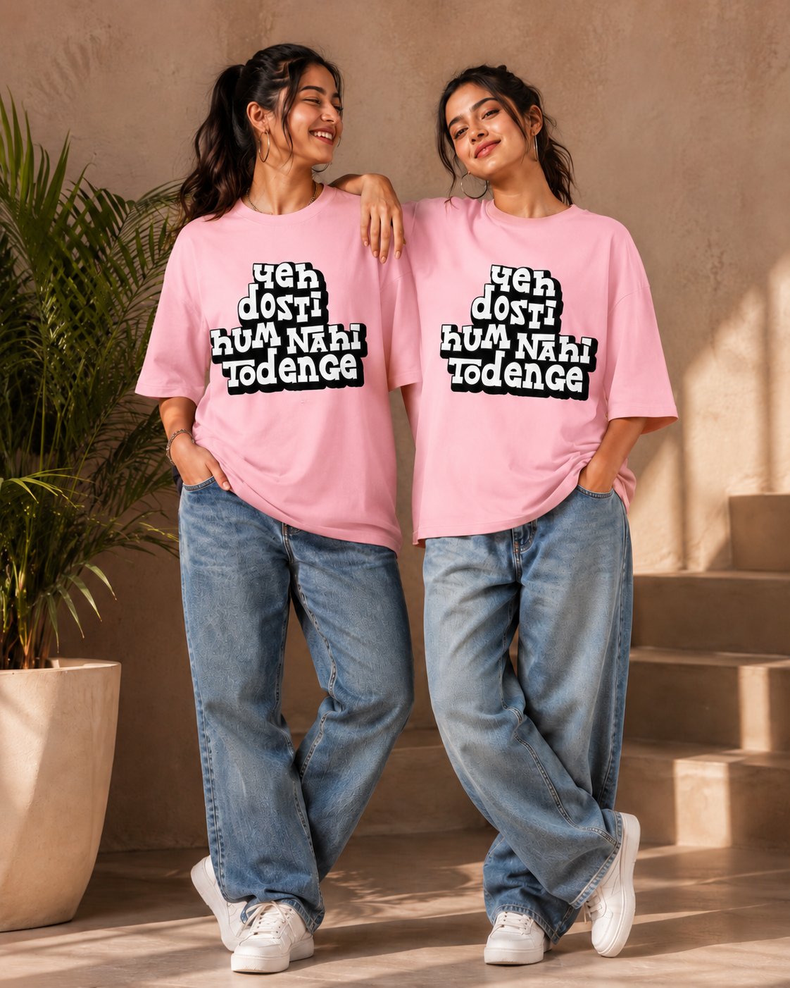 Yeh Dosti Hum Nahi Todenge Unisex Matching T-Shirts – Oversized, Baby Pink, women's model view