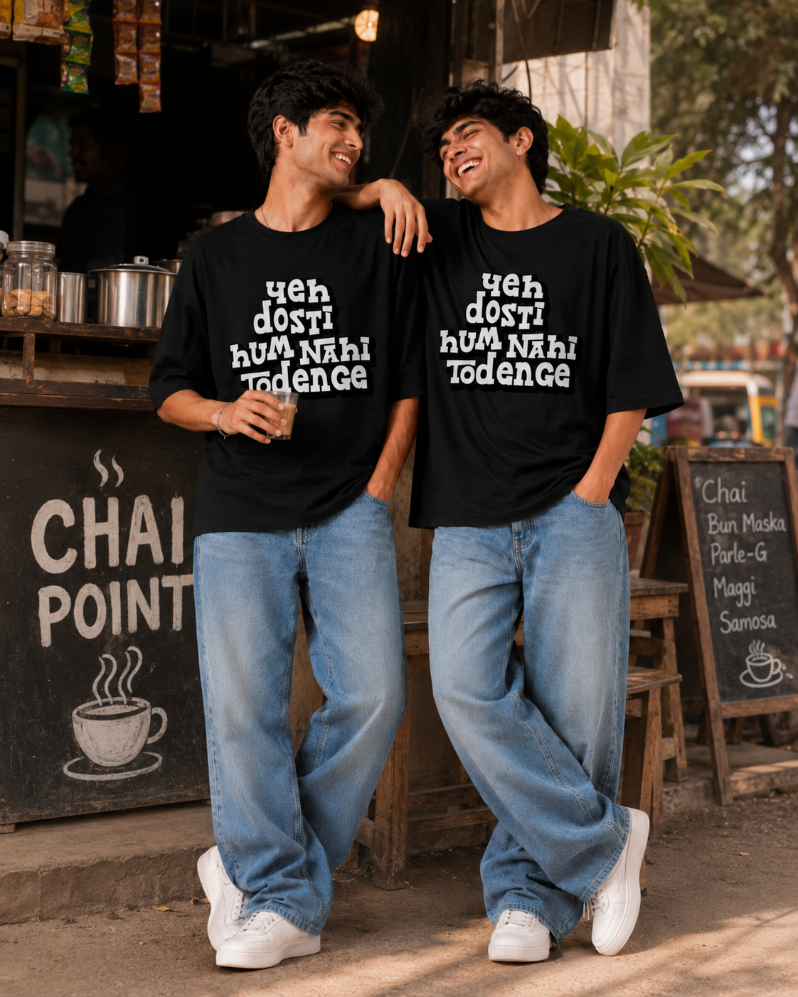 Yeh Dosti Hum Nahi Todenge Unisex Matching T-Shirts – Oversized, Black, men's model view