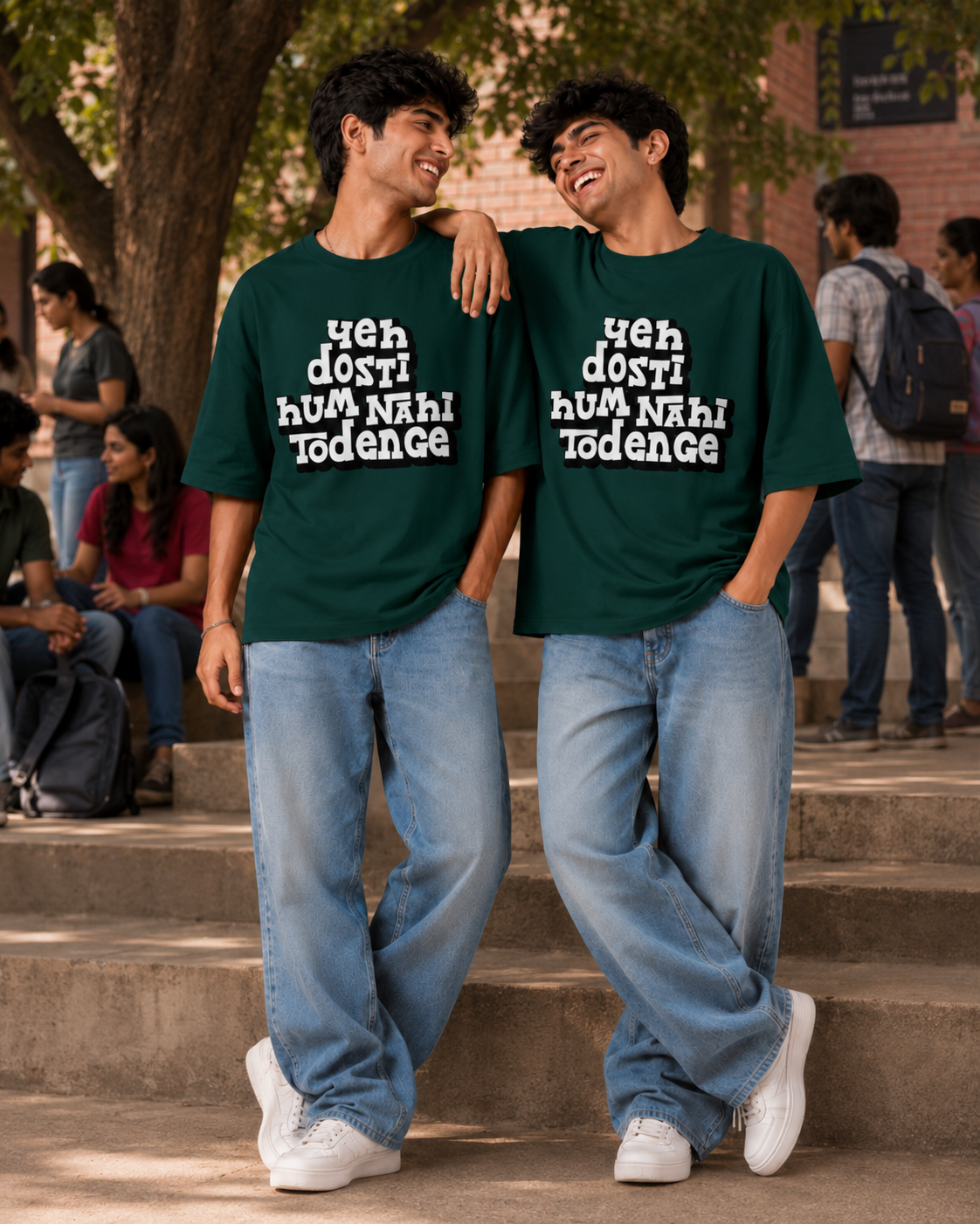 Yeh Dosti Hum Nahi Todenge Unisex Matching T-Shirts – Oversized, Bottle Green, men's model view