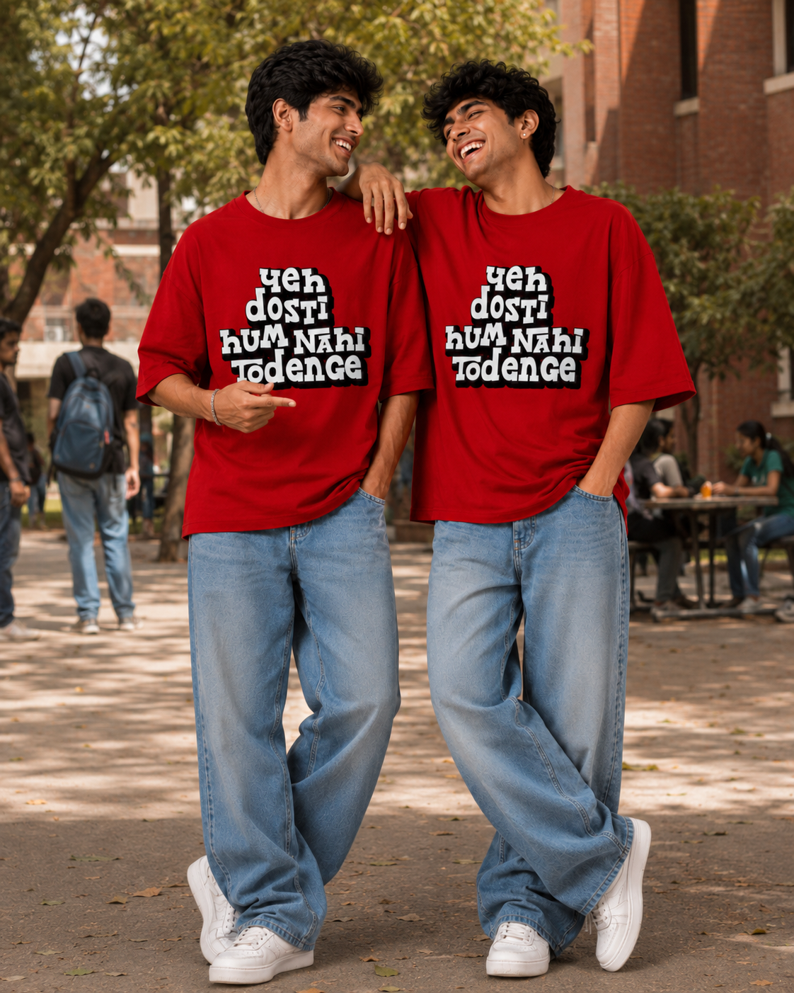 Yeh Dosti Hum Nahi Todenge Unisex Matching T-Shirts – Oversized, Red, men's model view