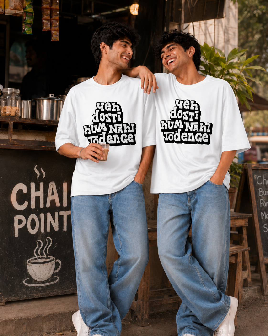 Yeh Dosti Hum Nahi Todenge Unisex Matching T-Shirts – Oversized, White, men's model view