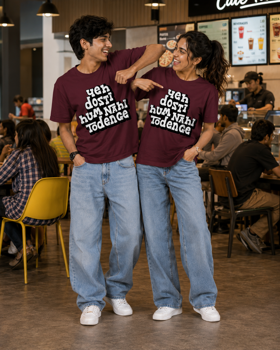 Yeh Dosti Hum Nahi Todenge Unisex Matching T-Shirts – Regular Fit, Maroon, mixed-model view