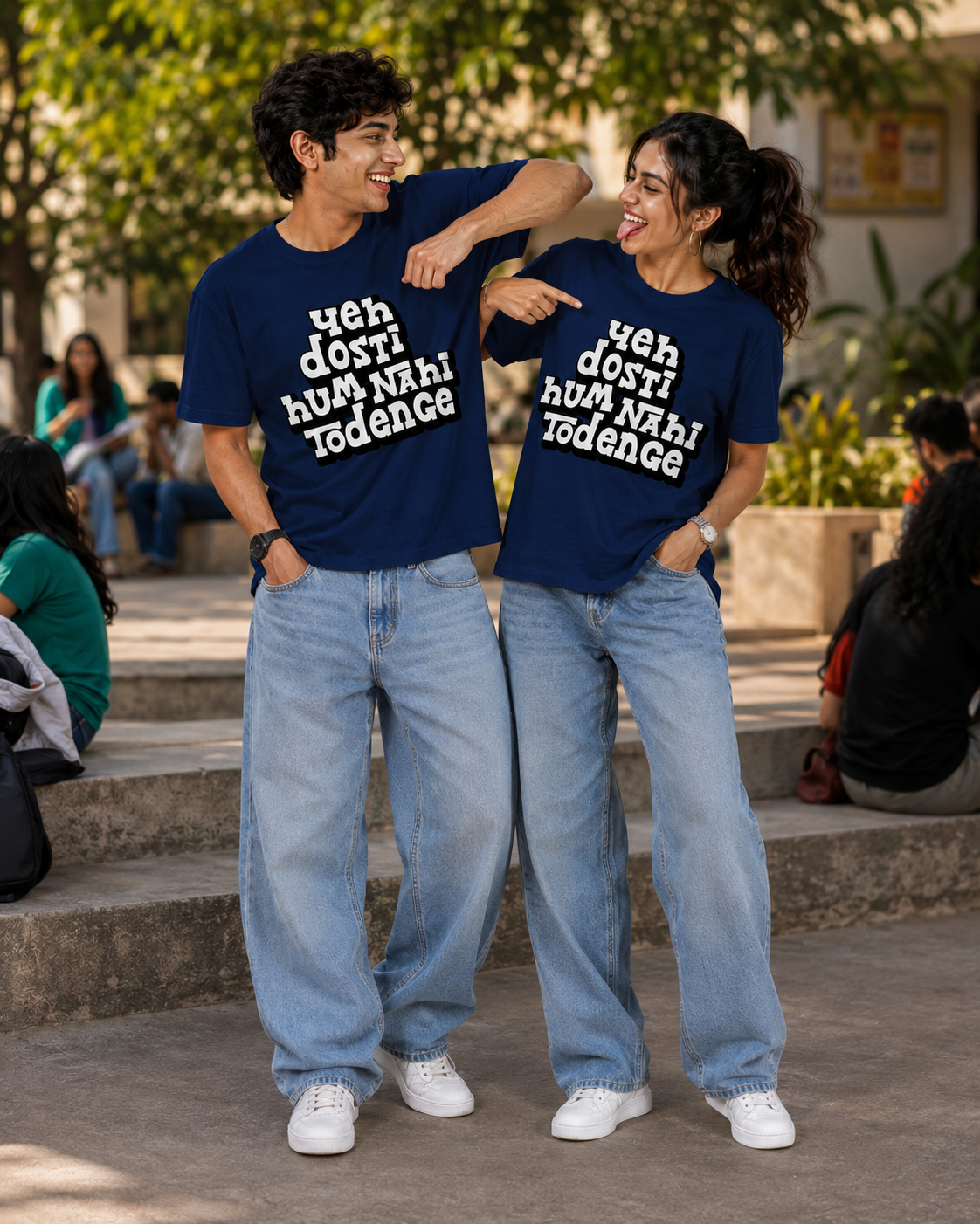 Yeh Dosti Hum Nahi Todenge Unisex Matching T-Shirts – Regular Fit, Navy Blue, mixed-model view