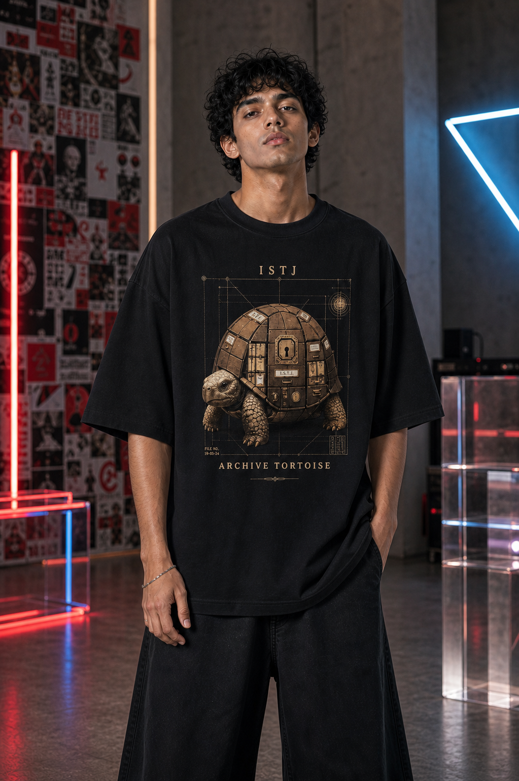 ISTJ Archive Tortoise main front view in Black - oversized 240 GSM French Terry t-shirt
