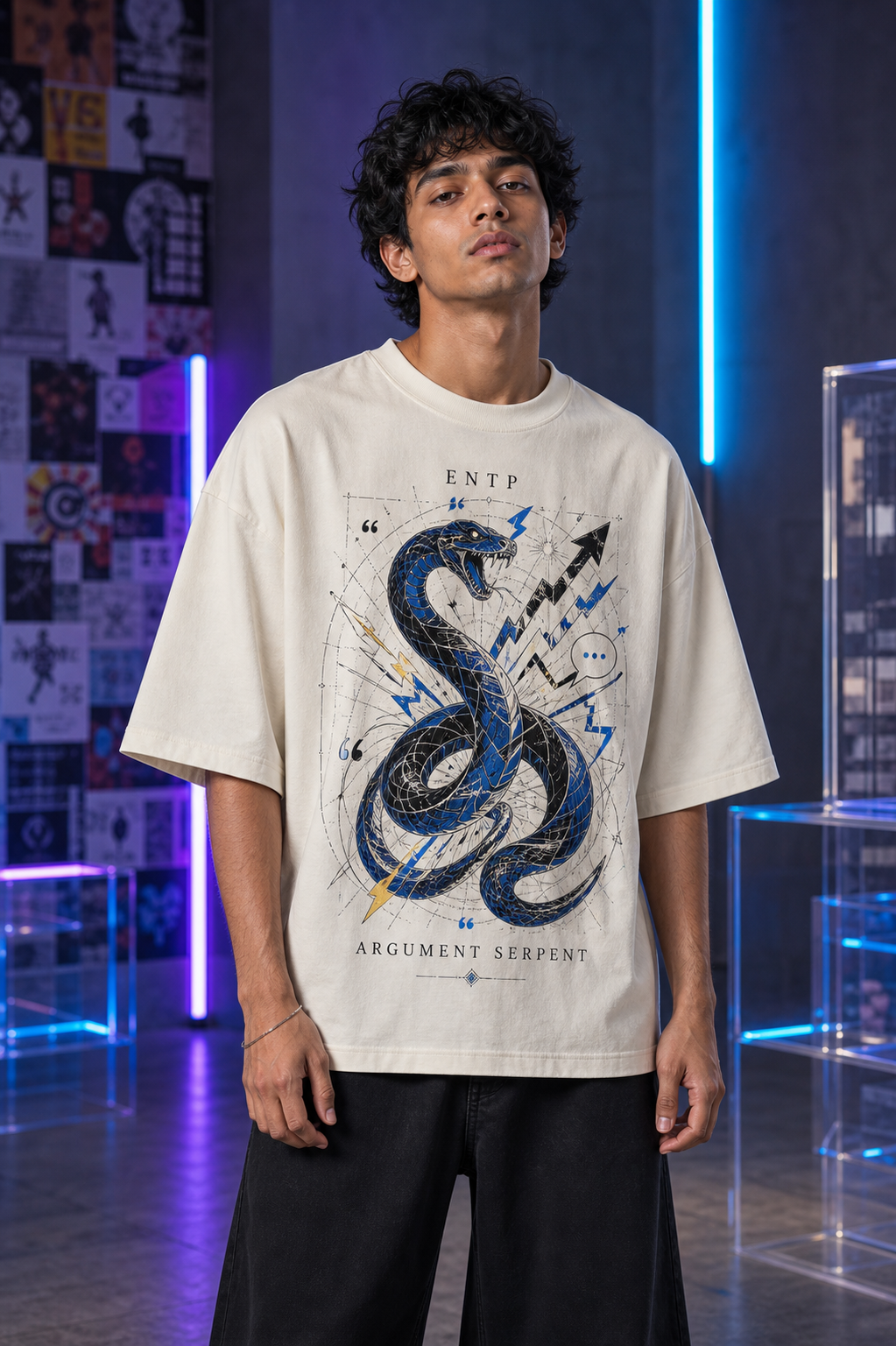 ENTP Argument Serpent main front view in Off White - oversized 240 GSM French Terry t-shirt