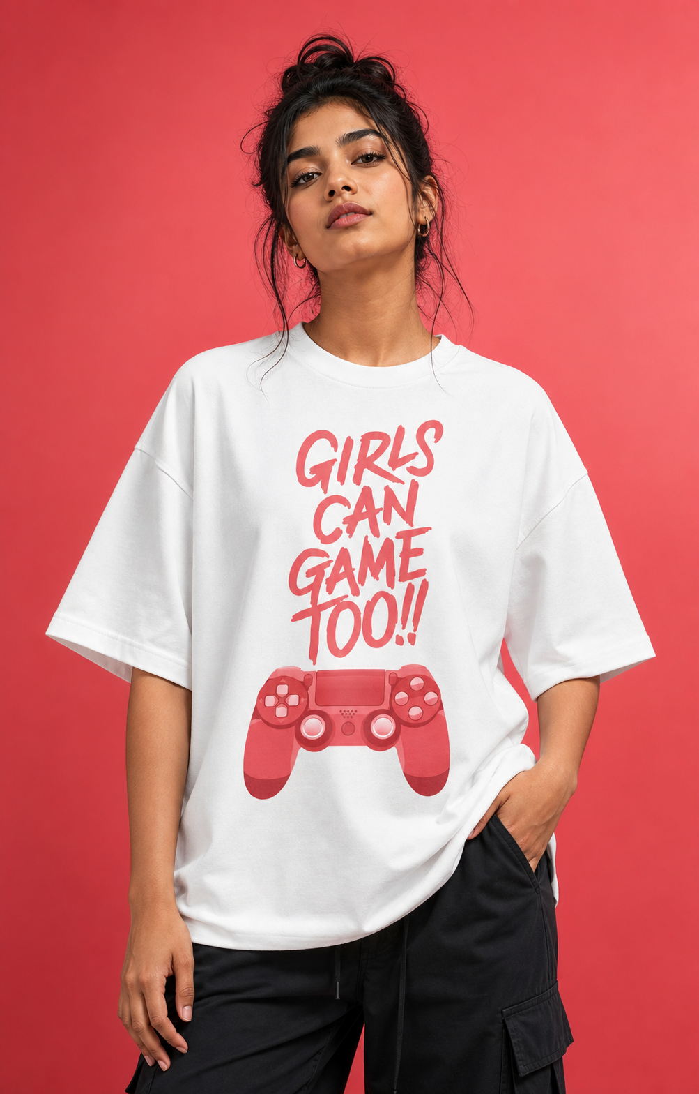 Girls Can Game Too Unisex Oversized Tee in white - female model