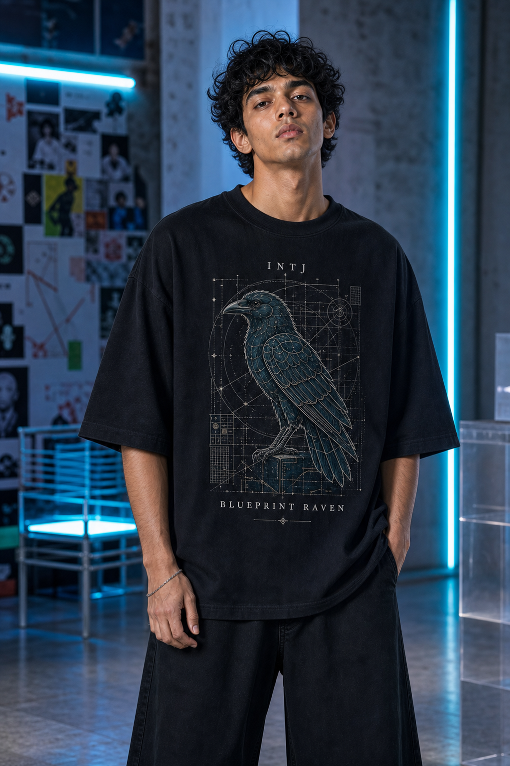 INTJ Blueprint Raven main front view in Black - oversized 240 GSM French Terry t-shirt