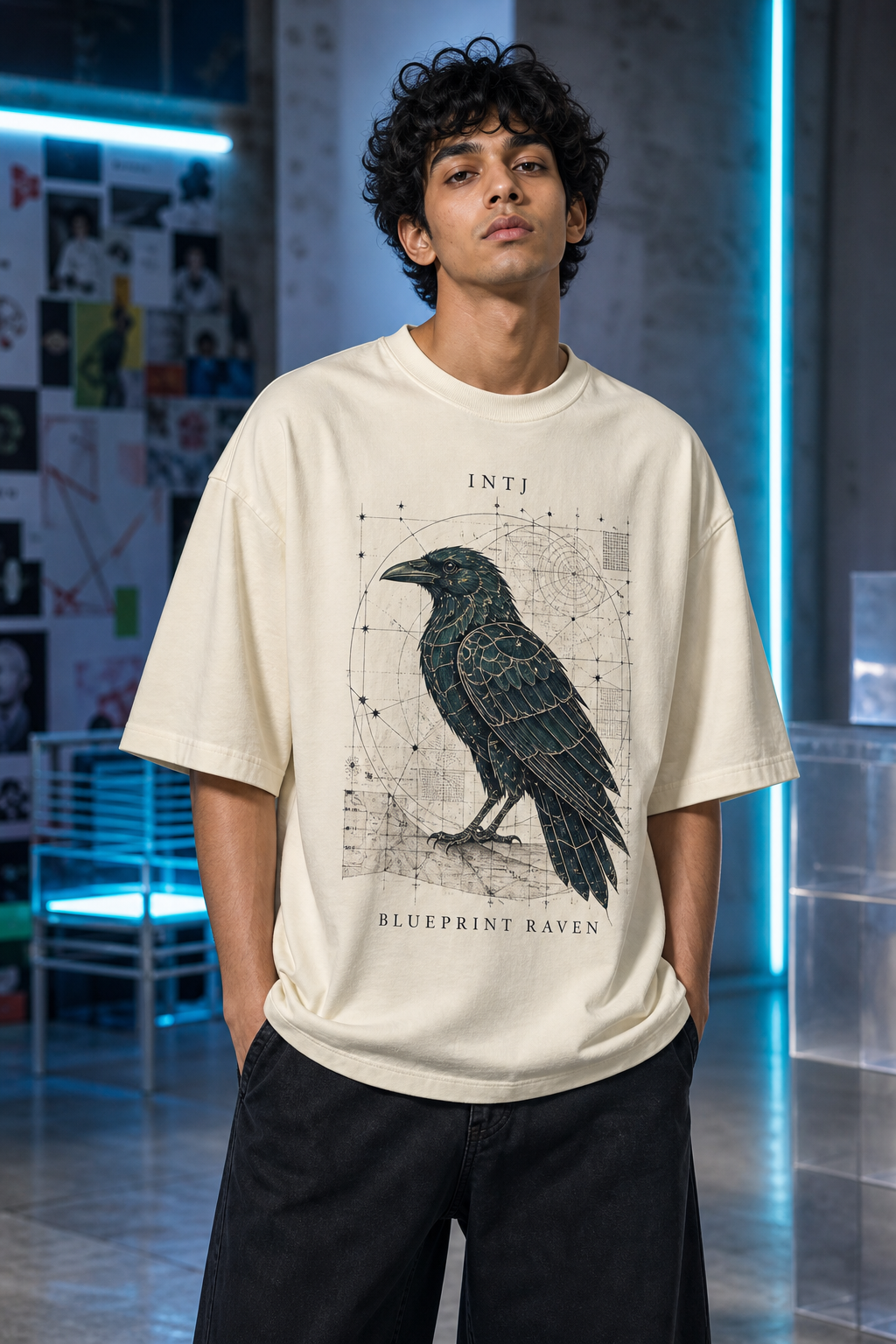 INTJ Blueprint Raven main front view in Off White - oversized 240 GSM French Terry t-shirt