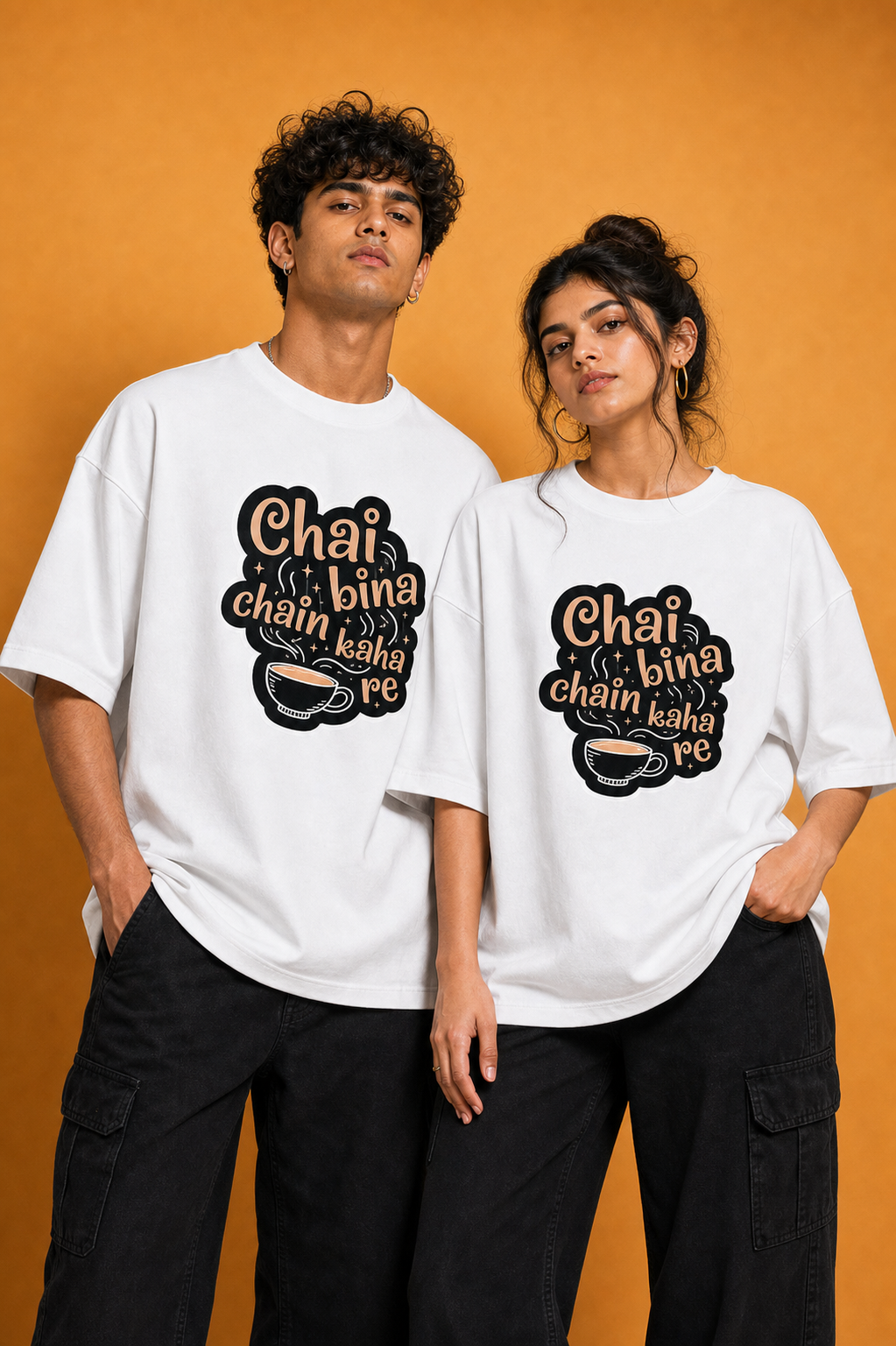 Chai Bina Chain Kaha Re Unisex Oversized Tee in white - couple