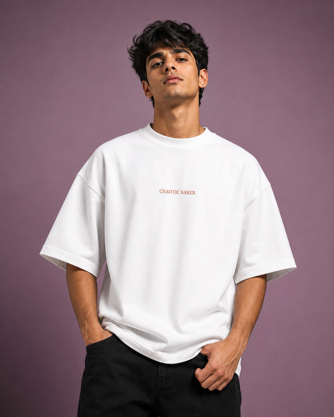 Chaotic Baker Unisex Oversized Tee in white - male model