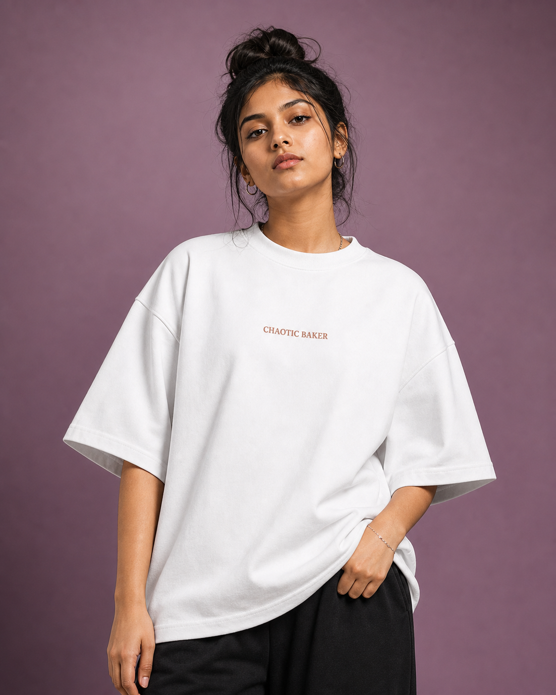 Chaotic Baker Unisex Oversized Tee in white - female model