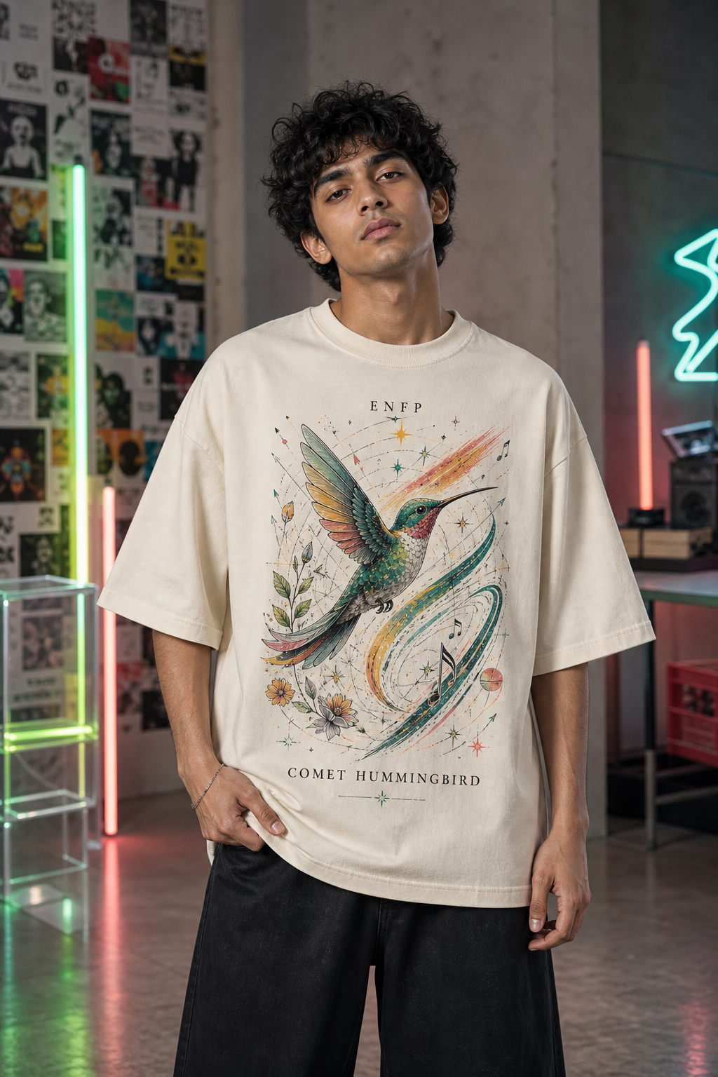 ENFP Comet Hummingbird main front view in Off White - oversized 240 GSM French Terry t-shirt