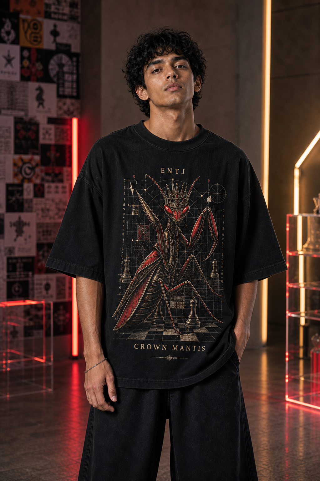 ENTJ Crown Mantis main front view in Black - oversized 240 GSM French Terry t-shirt