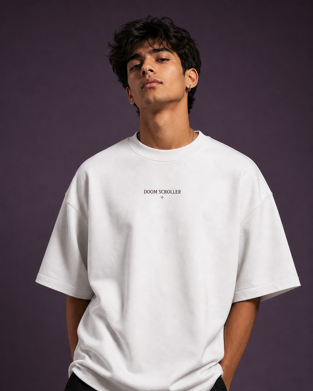 The Doom Scroller Unisex Oversized Tee - male model styling