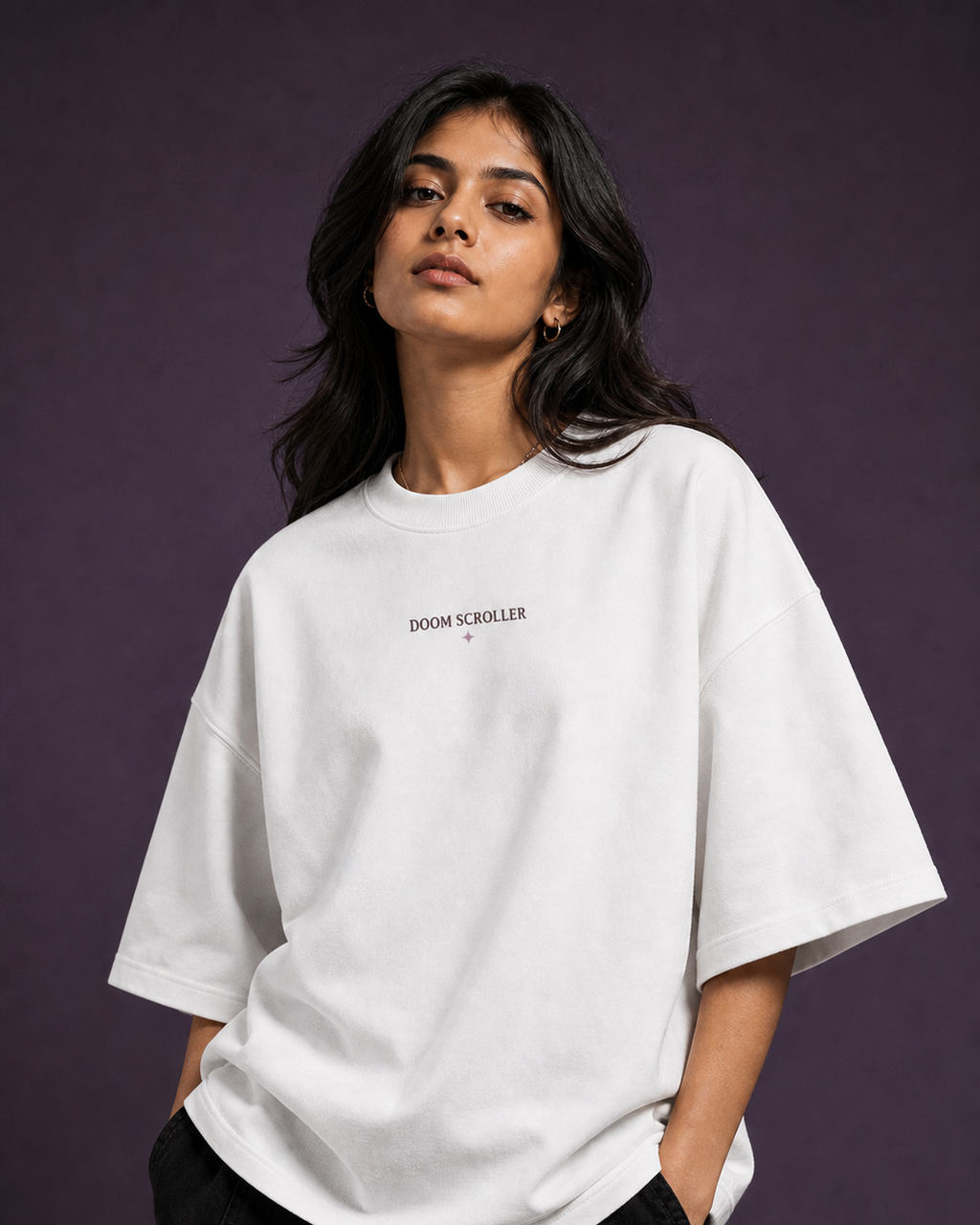 The Doom Scroller Unisex Oversized Tee - female model styling