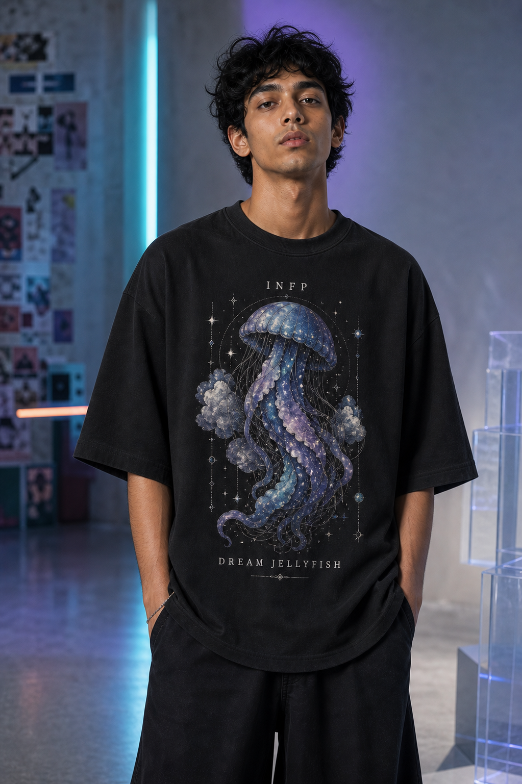 INFP Dream Jellyfish main front view in Black - oversized 240 GSM French Terry t-shirt