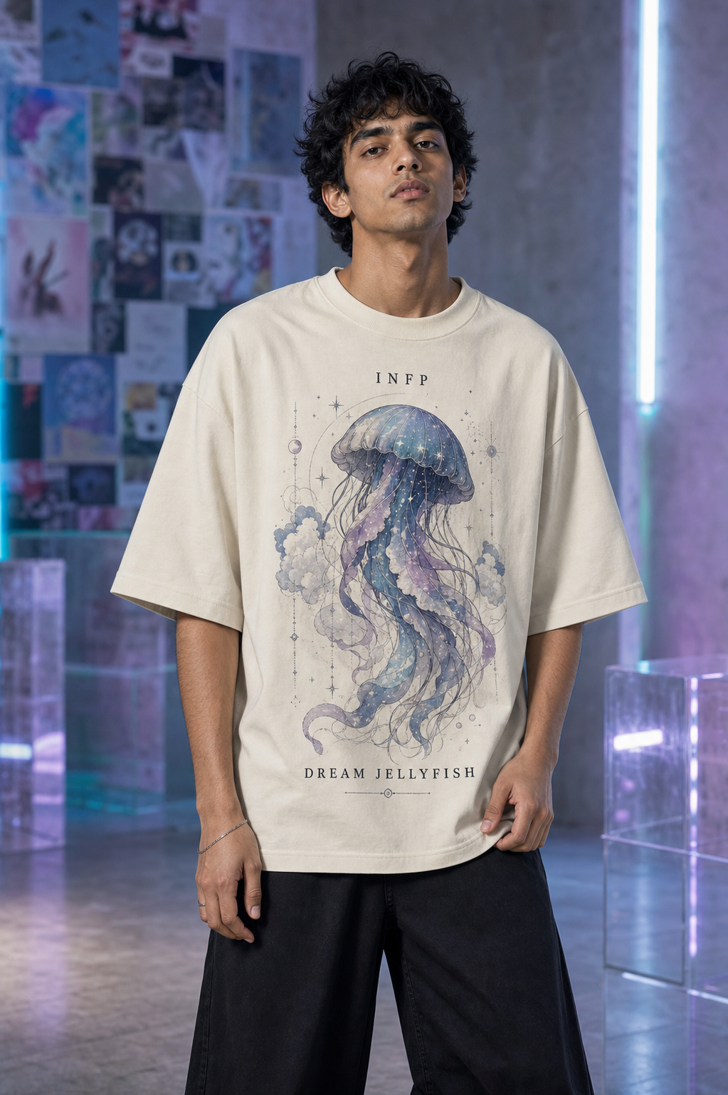 INFP Dream Jellyfish main front view in Off White - oversized 240 GSM French Terry t-shirt