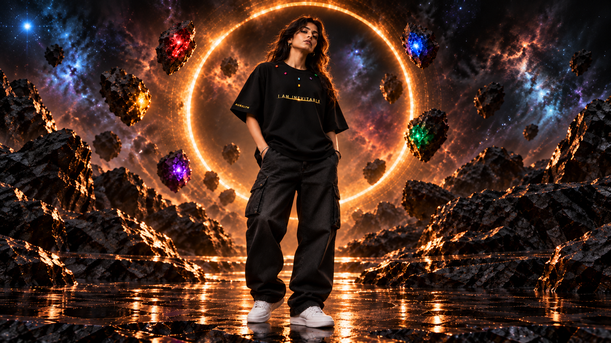 Shop Beyond the Endgame — model wearing the black I Am Inevitable stone T-shirt
