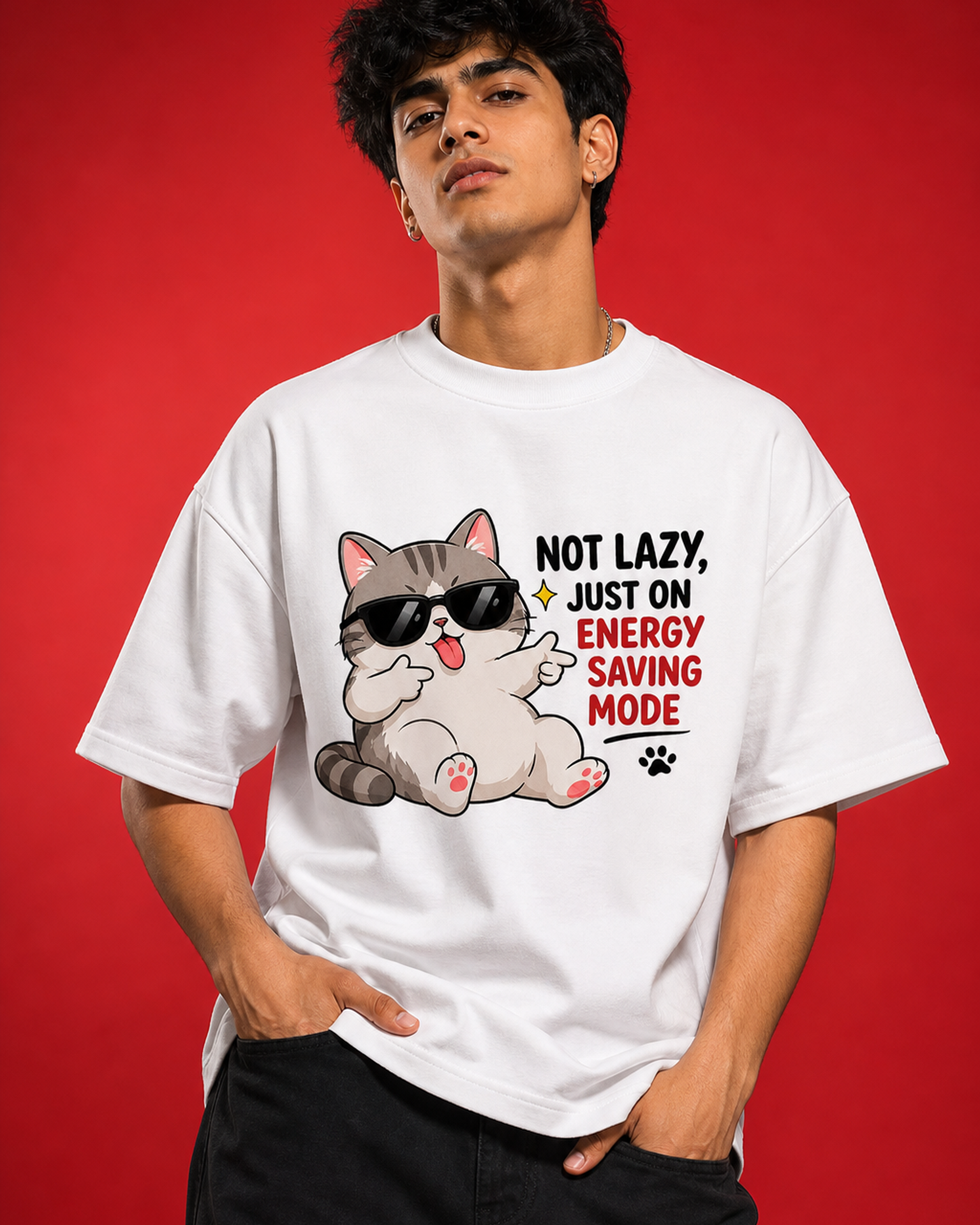Energy Saving Mode Unisex Oversized Tee in white - male model