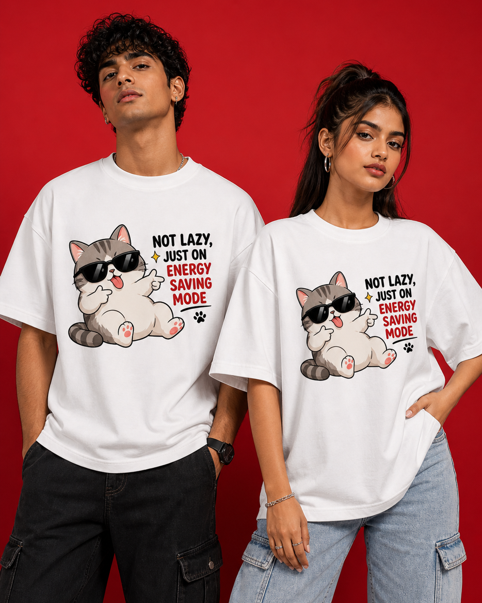 Energy Saving Mode Unisex Oversized Tee in white - couple