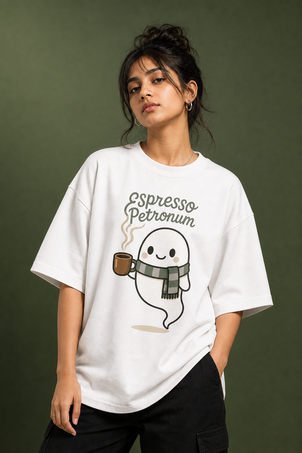 Espresso Petronum Unisex Oversized Tee - female model styling