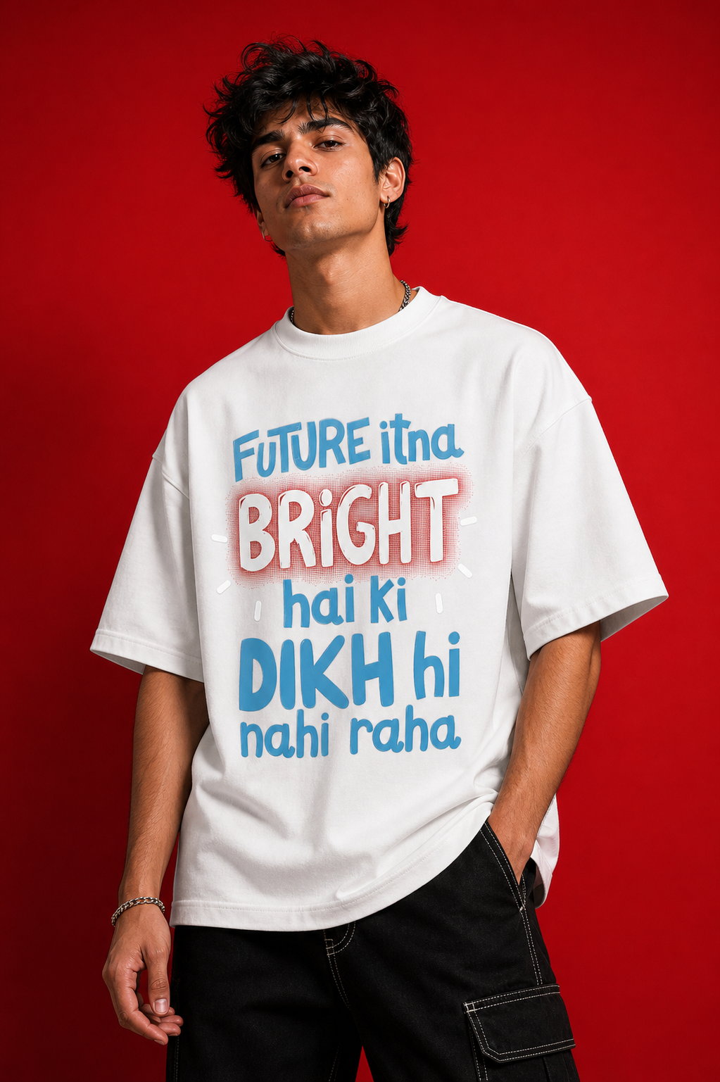 Future Itna Bright Unisex Oversized Tee in white - male model