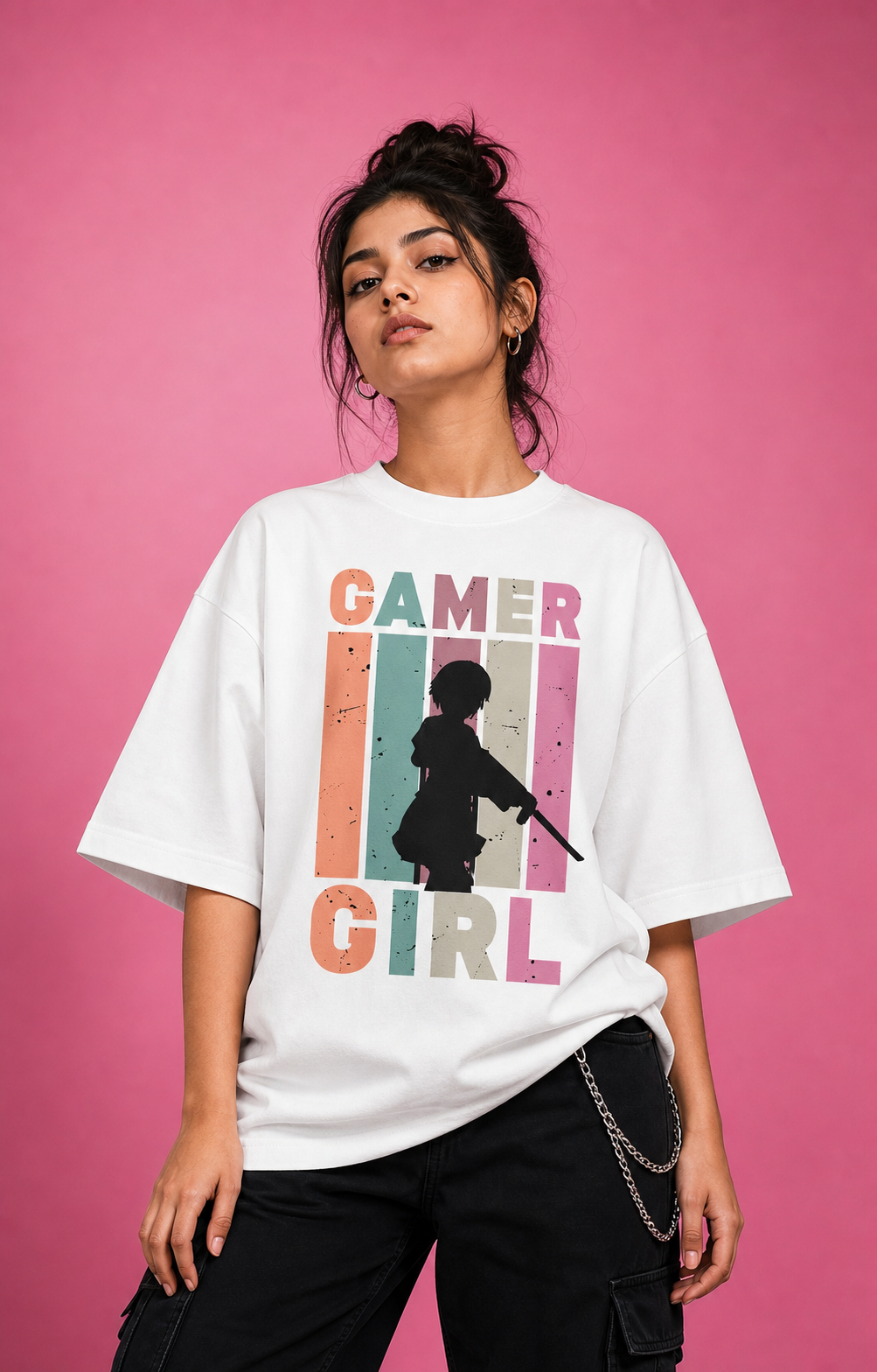 Gamer Girl Unisex Oversized Tee in white - female model