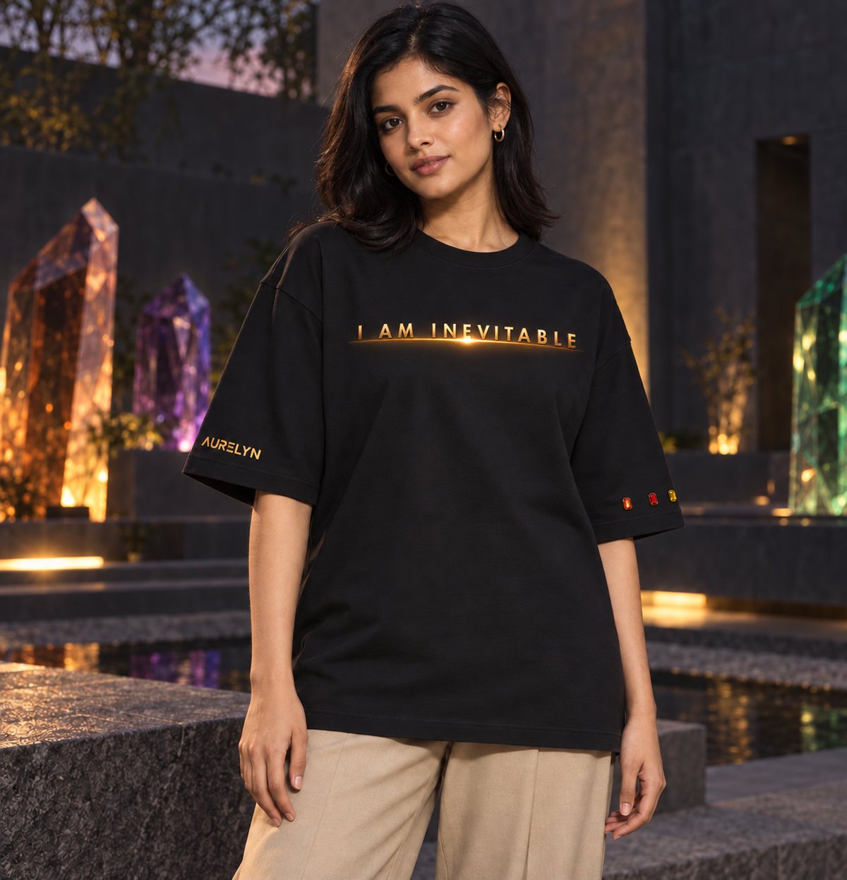 I Am Inevitable Sleeve Stones — Black — Straight row — oversized styling #Color_Black#Stone design_Straight row