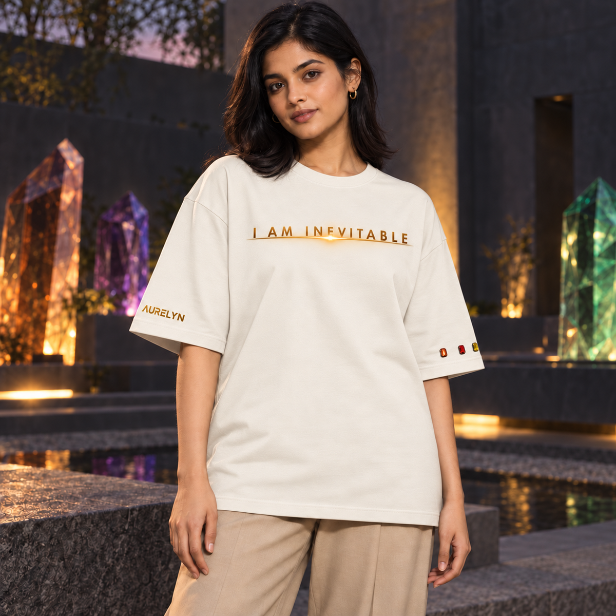 I Am Inevitable Sleeve Stones — Off White — Straight row — oversized styling #Color_Off White#Stone design_Straight row