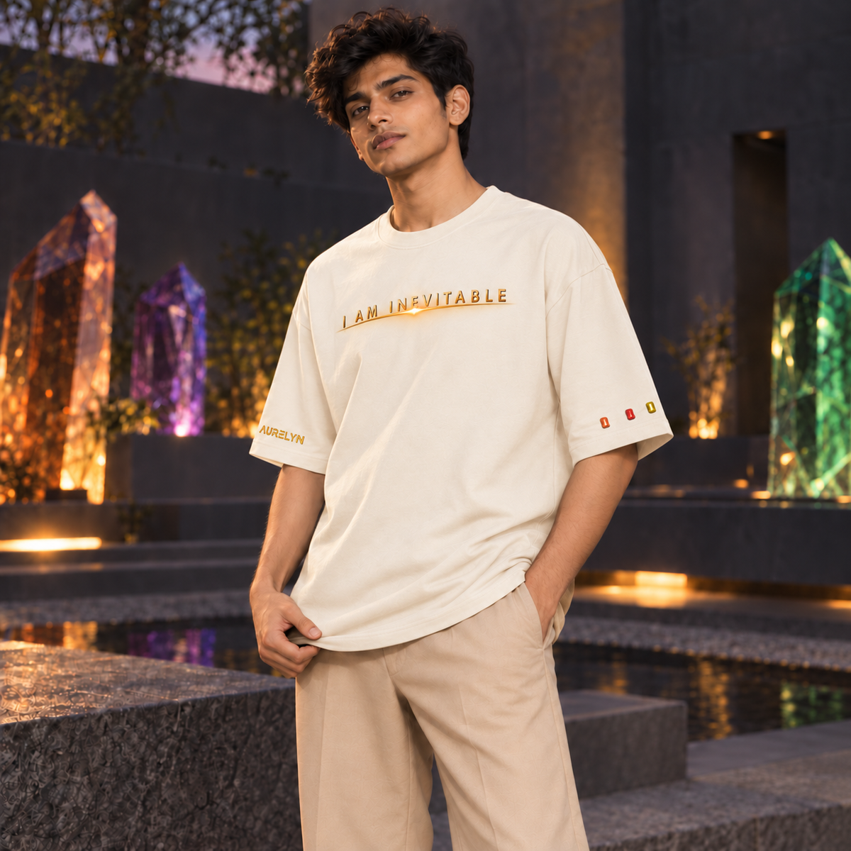 I Am Inevitable Sleeve Stones — Off White — Straight row — oversized styling #Color_Off White#Stone design_Straight row