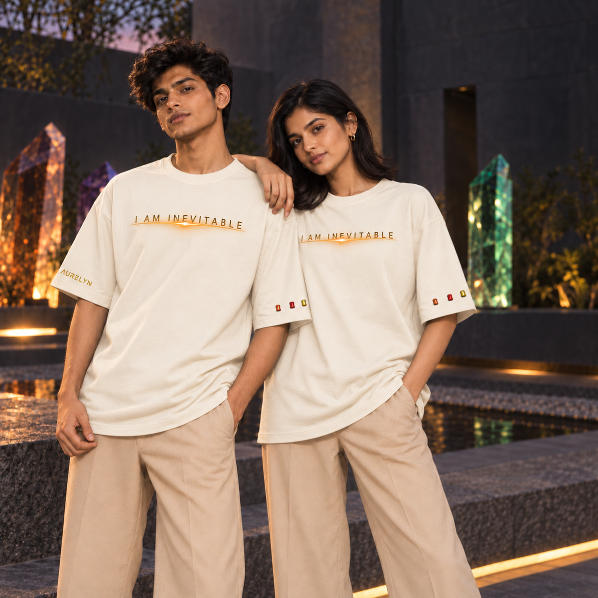 I Am Inevitable Sleeve Stones — Off White — Straight row — oversized styling #Color_Off White#Stone design_Straight row