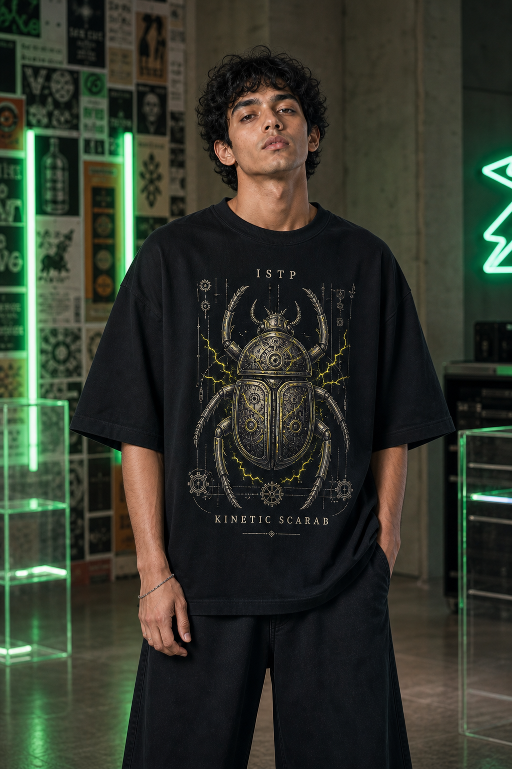 ISTP Kinetic Scarab main front view in Black - oversized 240 GSM French Terry t-shirt