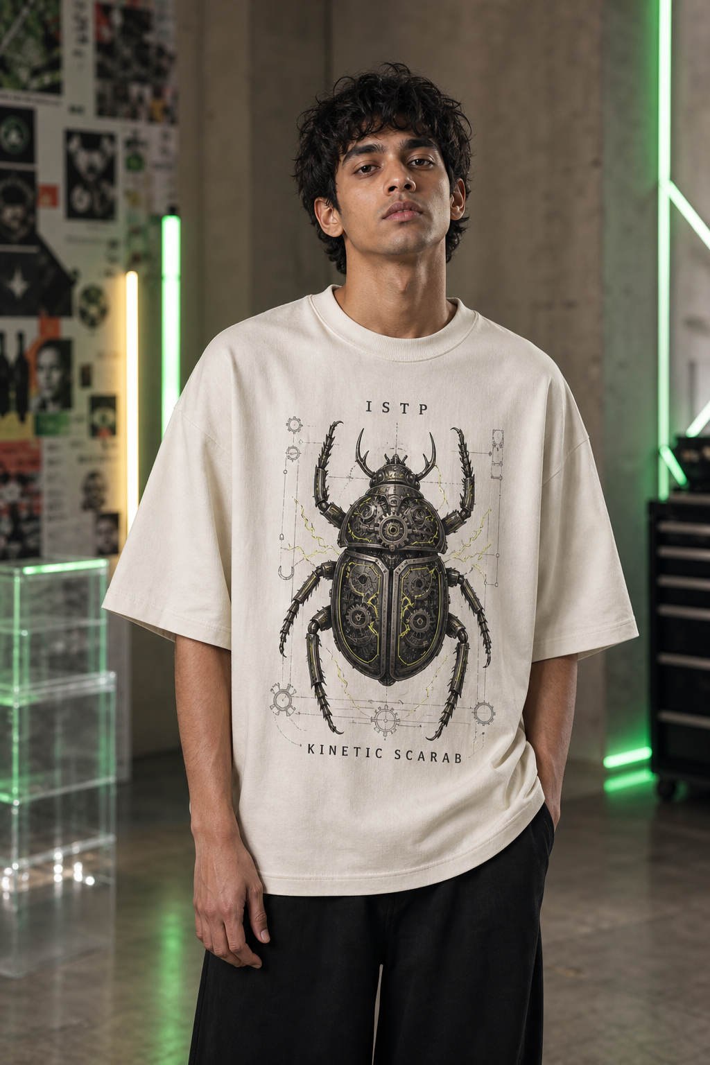 ISTP Kinetic Scarab main front view in Off White - oversized 240 GSM French Terry t-shirt