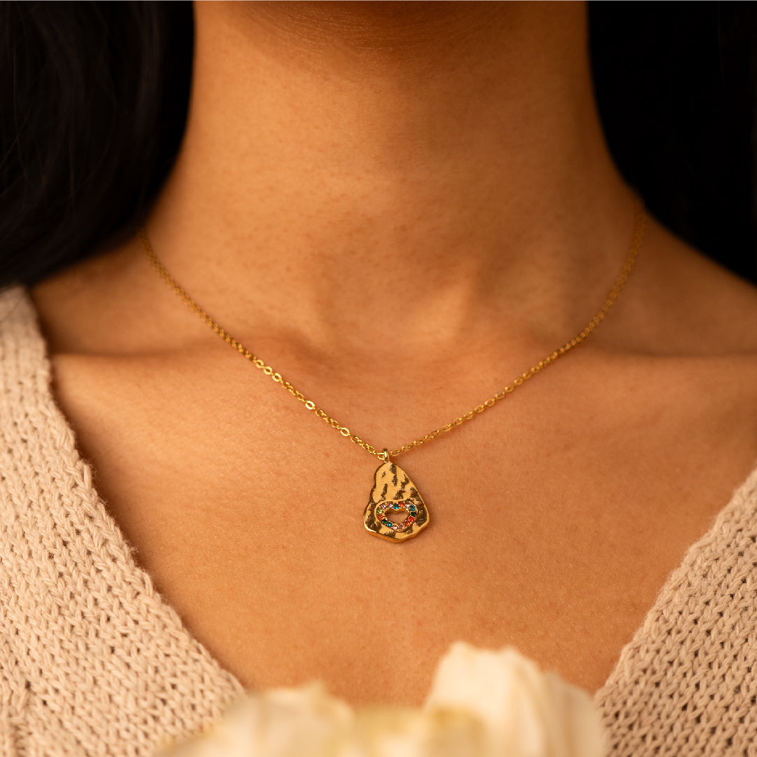 Hammered Multi Stone Heart Pendant with Chain