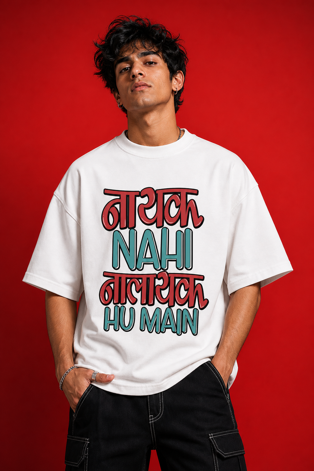 Nayak Nahi Nalayak Hu Main Unisex Oversized Tee in white - male model
