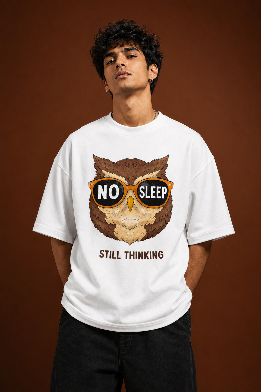 No Sleep Still Thinking Unisex Oversized Tee in white - male model