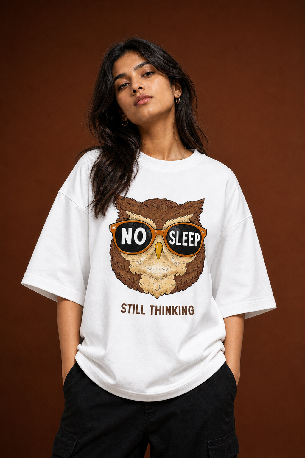 No Sleep Still Thinking Unisex Oversized Tee in white - female model