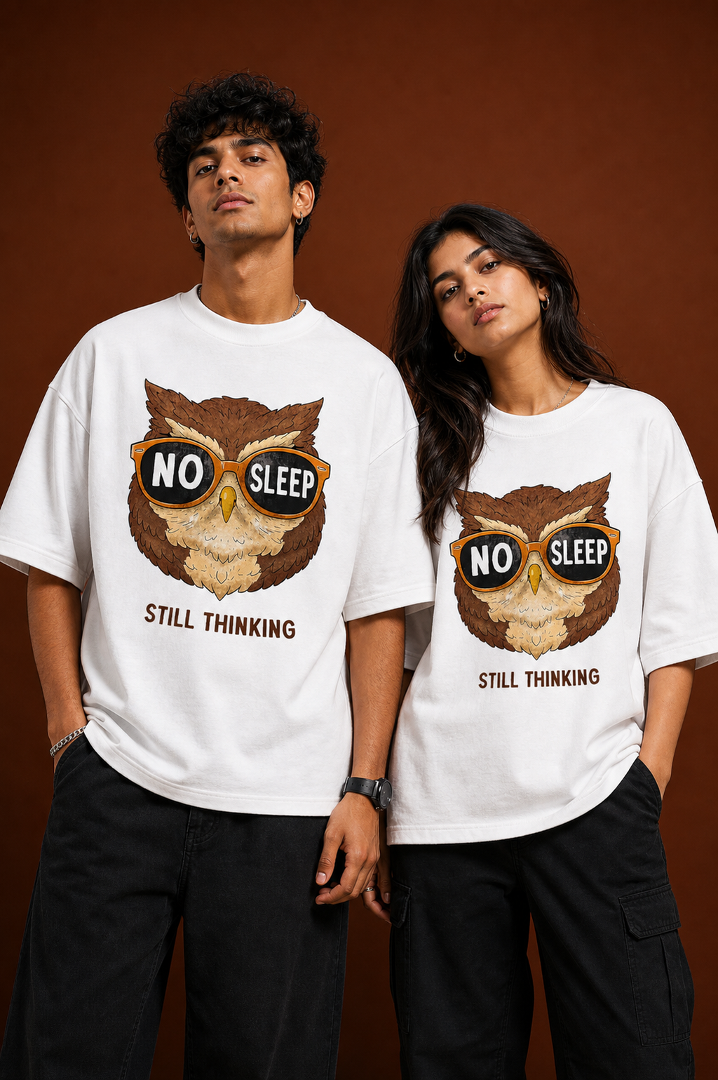 No Sleep Still Thinking Unisex Oversized Tee in white - couple
