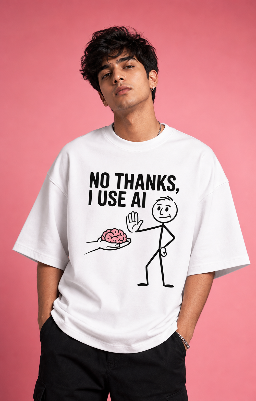 No Thanks I Use AI Unisex Oversized Tee in white - male model