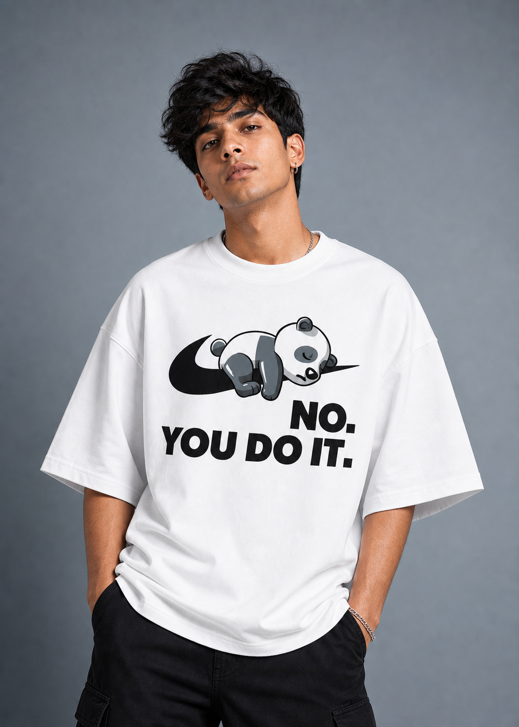 No You Do It Unisex Oversized Tee in white - male model