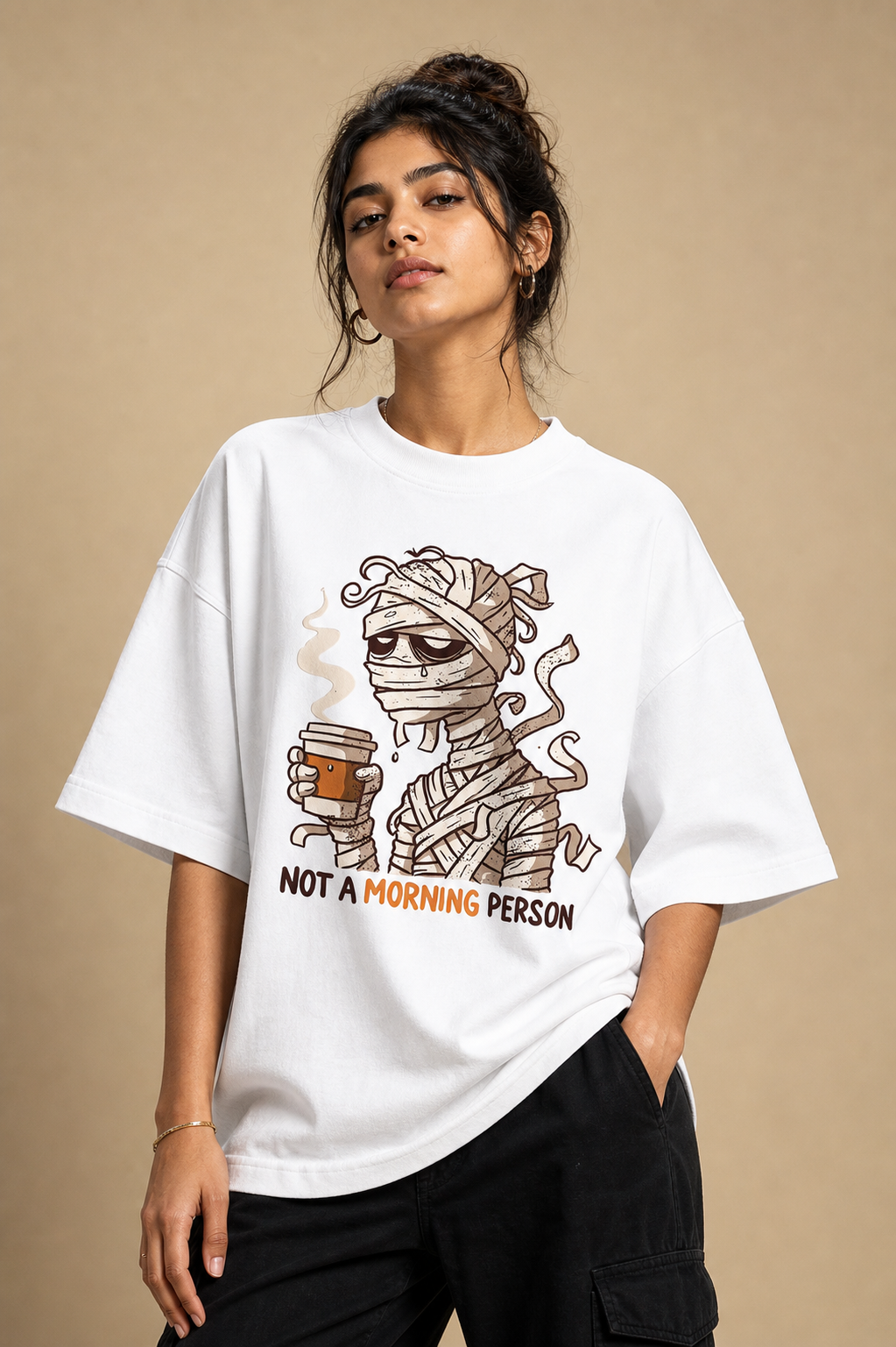 Not A Morning Person Unisex Oversized Tee in white - female model